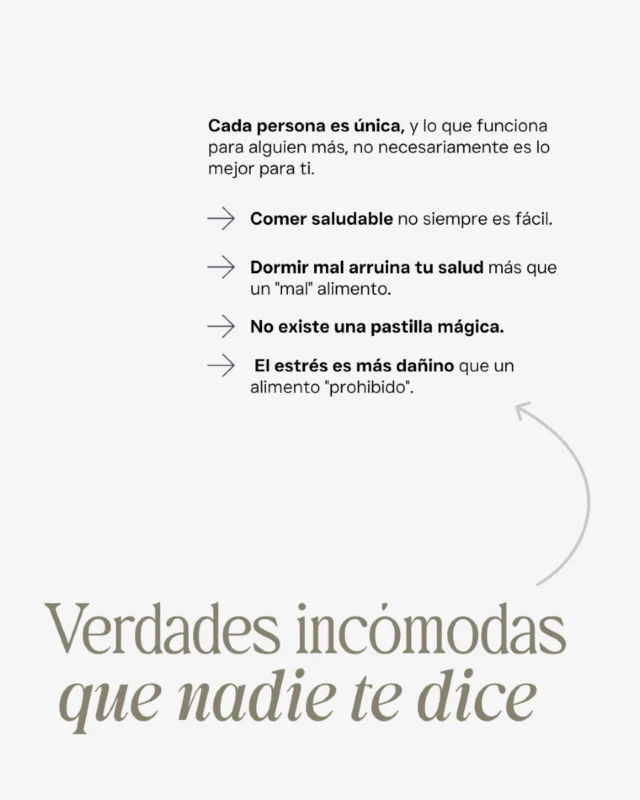 Nos han enseñado a buscar fórmulas mágicas, a seguir dietas de moda, a temerle a ciertos alimentos y a creer que la salud se resume en lo que comes. Pero... ¿y si te dijera que 𝗻𝗼 𝗵𝗮𝘆 𝘂𝗻𝗮 𝘀𝗼𝗹𝗮 𝘃𝗲𝗿𝗱𝗮𝗱?

💭 𝗖𝗮𝗱𝗮 𝗰𝘂𝗲𝗿𝗽𝗼 𝗲𝘀 𝘂𝗻 𝘂𝗻𝗶𝘃𝗲𝗿𝘀𝗼.
Dormir mal puede alterar más tus hormonas que una galleta.
El estrés crónico silencia señales importantes de tu cuerpo.
Y lo que a alguien le funciona, a ti puede hacerte sentir peor.

Mi enfoque es integrativo y 100% personalizado, porque no hay dos cuerpos ni dos historias iguales. No trabajo con prohibiciones ni con miedo, sino con 𝗲𝘀𝗰𝘂𝗰𝗵𝗮, 𝗿𝗲𝘀𝗽𝗲𝘁𝗼 𝘆 𝗰𝗶𝗲𝗻𝗰𝗶𝗮 desde lo holístico.

Tu salud no está en una tabla de calorías. Está en entender tu cuerpo, tu energía y tu momento vital. 🌿✨

¿Sientes que tu cuerpo te está pidiendo otro tipo de cuidado? Si es así estás en el sitio correcto, píde tu cita y empezamos a trazar un mapa que te acerque cada vez a una versión más saludable y más respetuosa contigo.
Seguimos cuidando cuerpo y alma, con cariño, Sandra.💛

#SaludIntegrativa #EscuchaTuCuerpo #SaludFemenina #MicrobiotaYHormonas #AutocuidadoHolístico #SandraSousaSalud